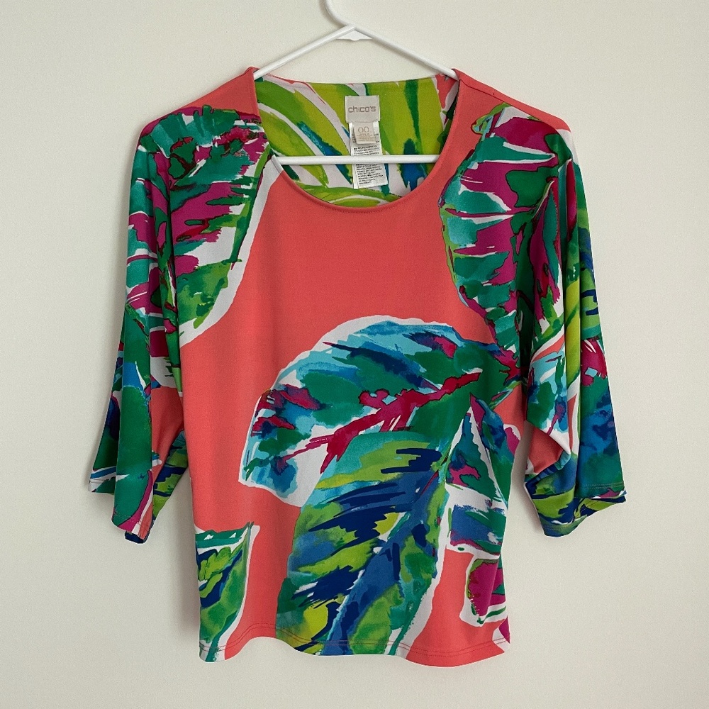 Women's Chicos Relaxed Fit Smooth Top Tropical Colors Palm Leaf Size 00
